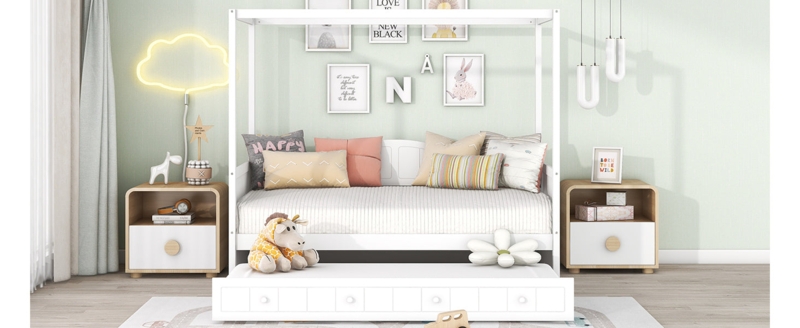Canopy Daybed Scandinavian Style Arched Backrest with Trundle for Kids