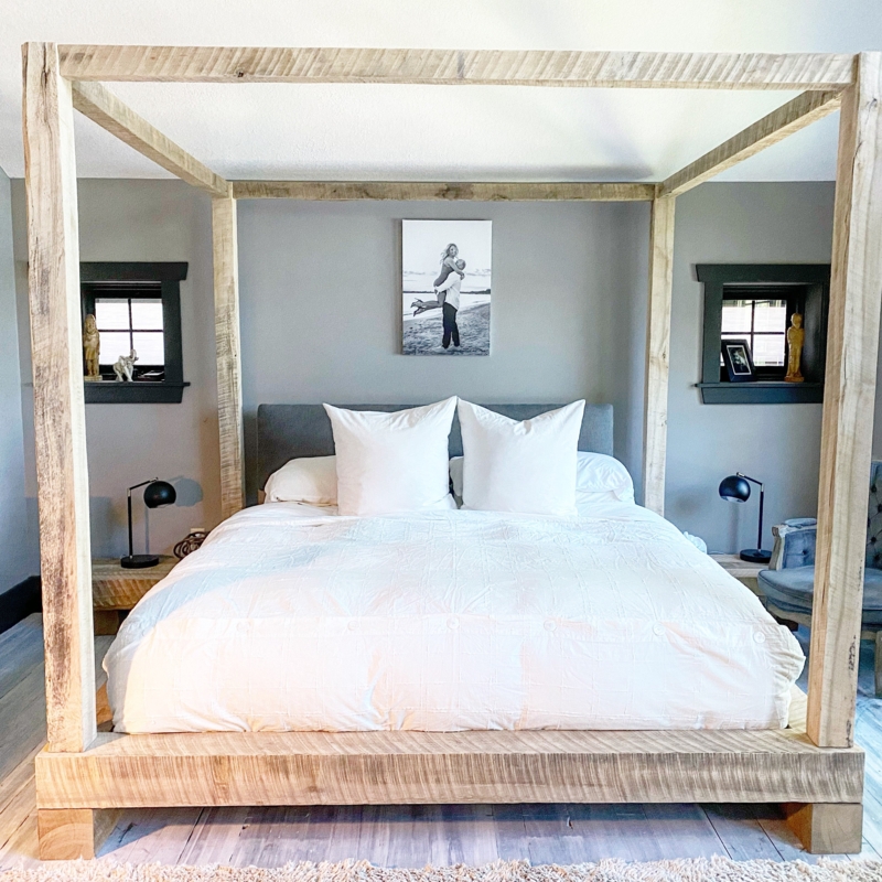 Canopy Platform Bed Chunky Timber Frame with Integrated Nightstands
