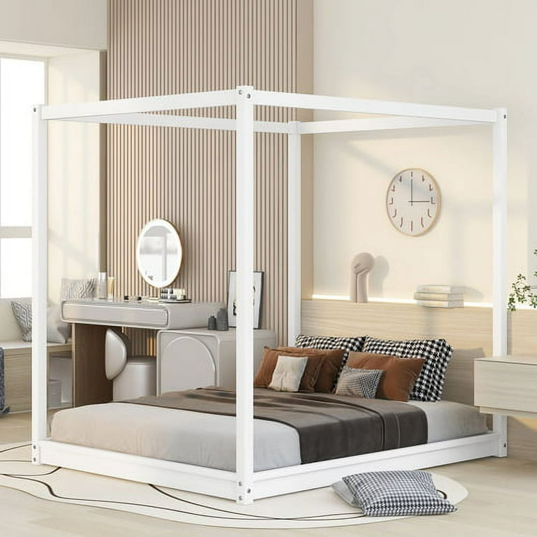 Canopy Platform Bed Frame Matte White Finish No Box Spring Needed
