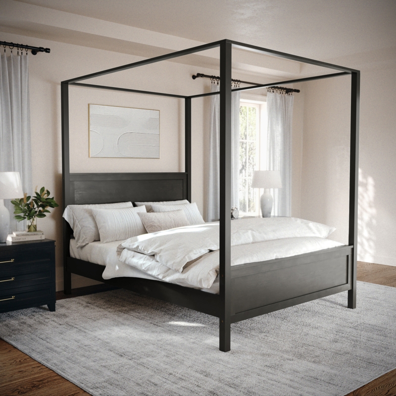 Canopy Platform Bed Matte Black with Solid Paneled Headboard