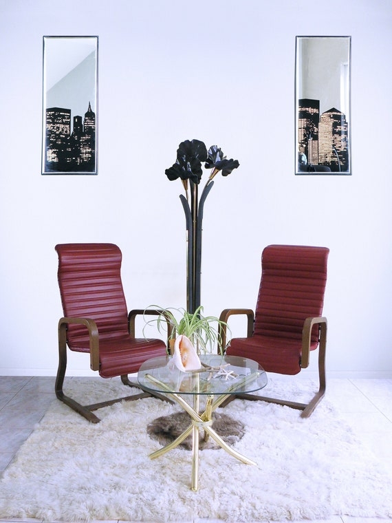 Cantilever Lounge Chair in Oxblood Ribbed Vinyl with High Backrest