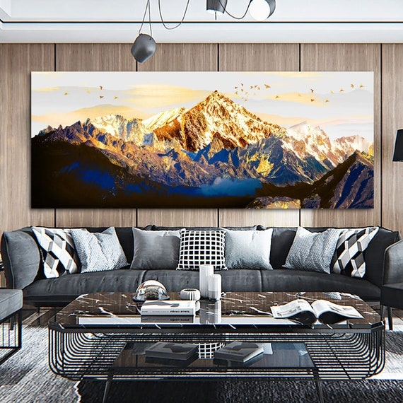 Canvas Wall Art: Panoramic Mountain View with Gold Leaf Effect