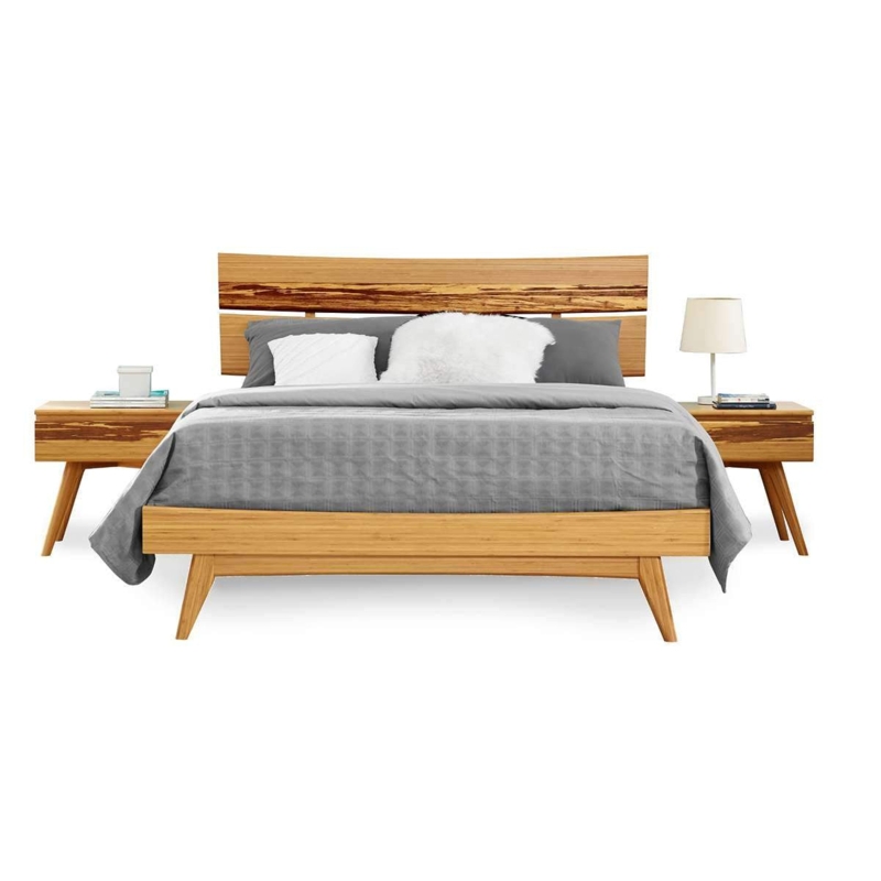 Caramelized Bamboo Bed with Slatted Headboard and Dark Wood Inlay