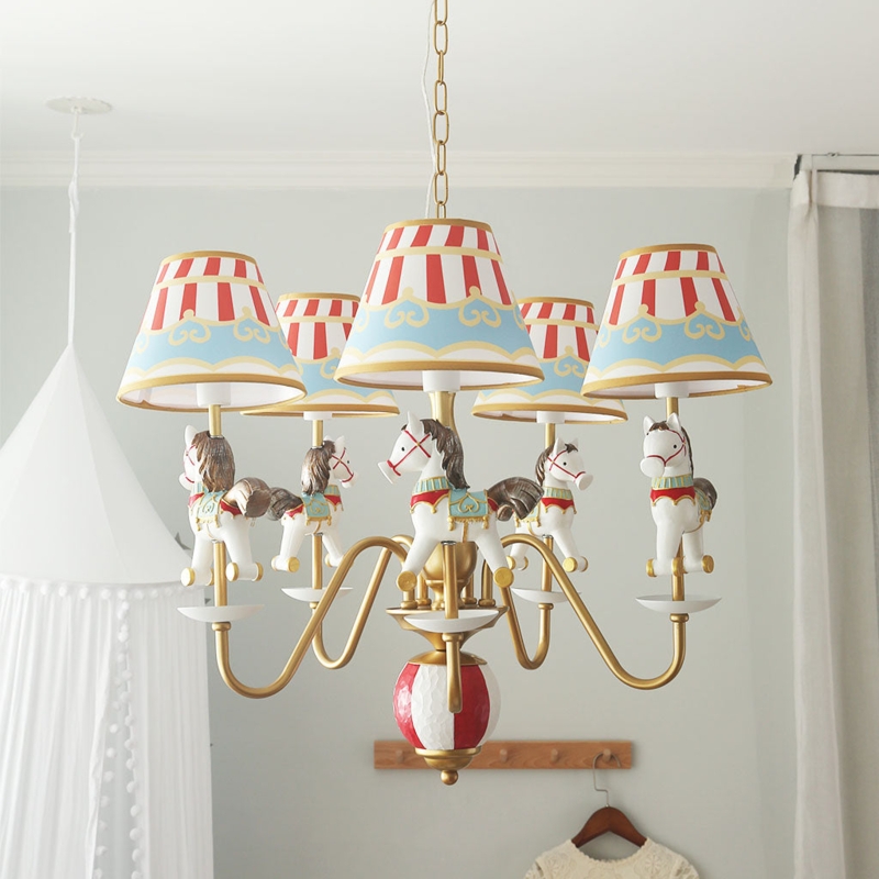 Carousel Chandelier Horses Striped Shades Gold Arms Circus Theme
