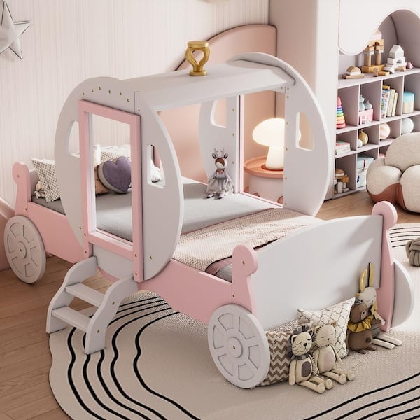 Carriage Toddler Bed with Integrated Steps, Arched Canopy, in Pink