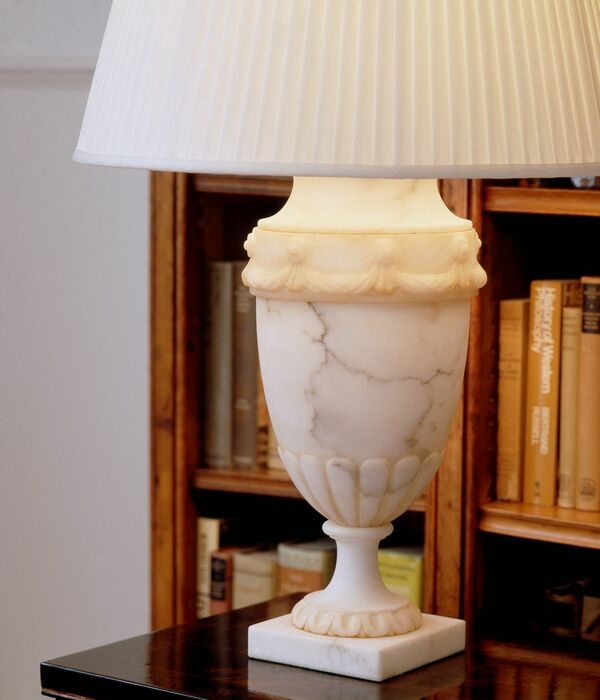 Carved Alabaster Urn Table Lamp with Garland Detail and Pleated Shade