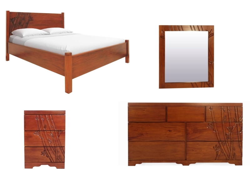 Carved Bamboo Bedroom Set with Bamboo Relief and Scalloped Apron