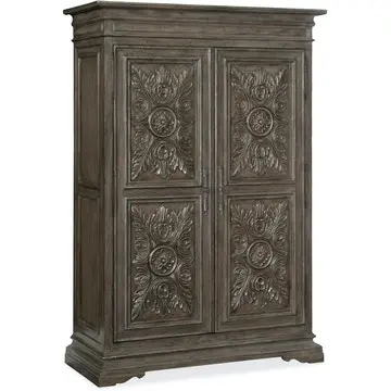 Carved Wood Armoire featuring Acanthus Medallions in a Weathered Gray Finish.