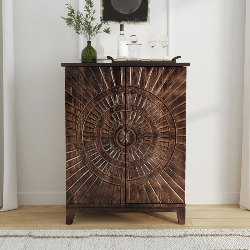 Carved Wood Bar Cabinet with Sunburst Pattern