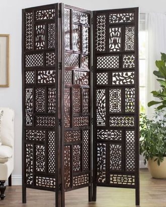 Carved Wood Room Divider with Geometric Openwork Cutouts