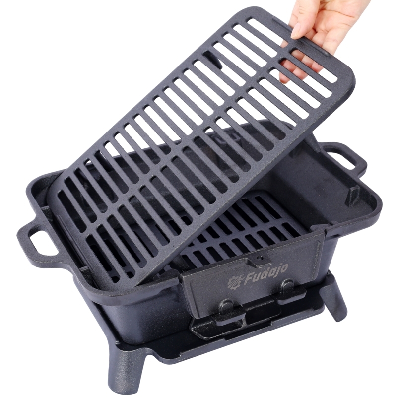 Cast Iron Hibachi Grill Portable Interior Fuel Grate Four Legs