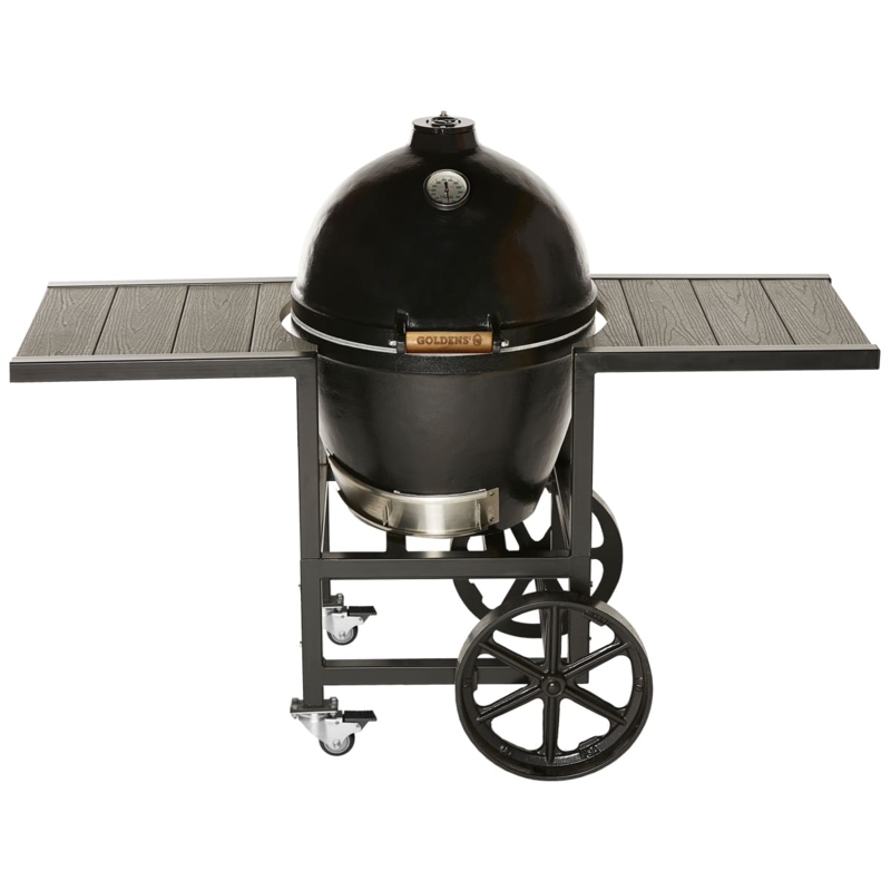 Cast Iron Kamado Grill Cart with Wagon Wheels and Trex Shelving