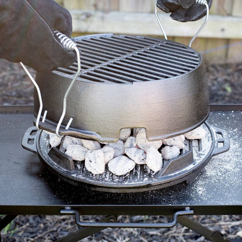 Cast Iron Portable Grill Wire Bale Handles Spiral Grips Vented Base