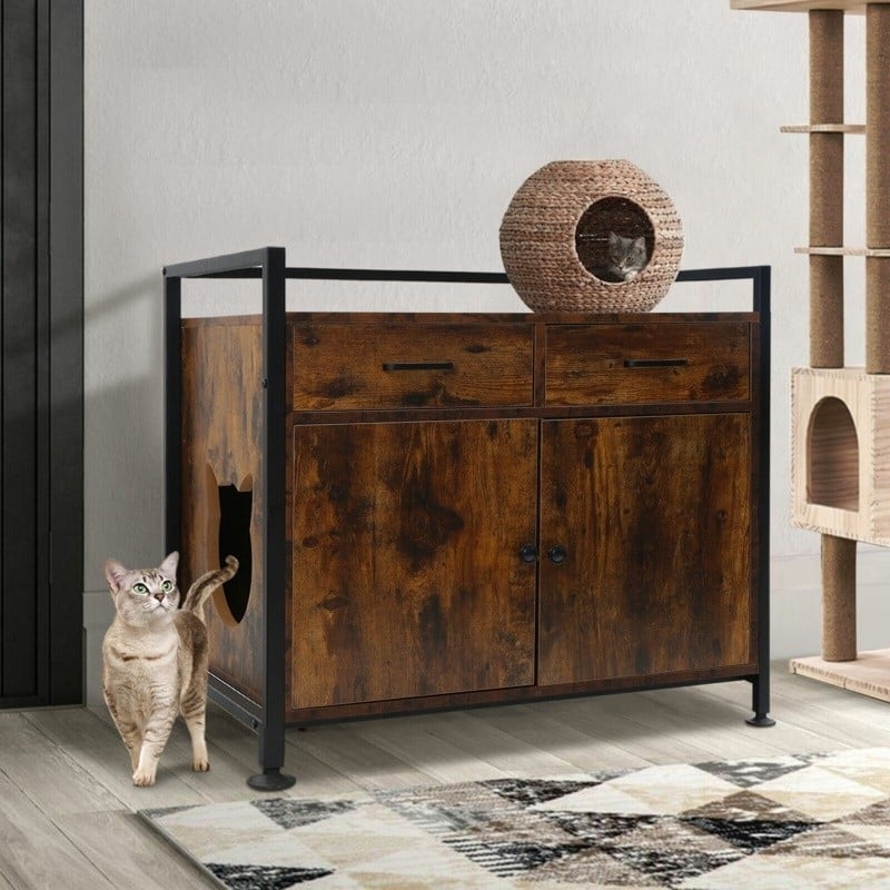 Cat Cabinet Industrial Rustic Wood Metal Frame Cat-Head Cutout Dual Storage