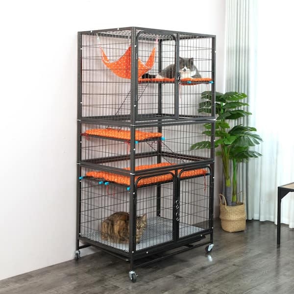 Cat Cage Featuring Vibrant Orange Padding and Rolling Casters