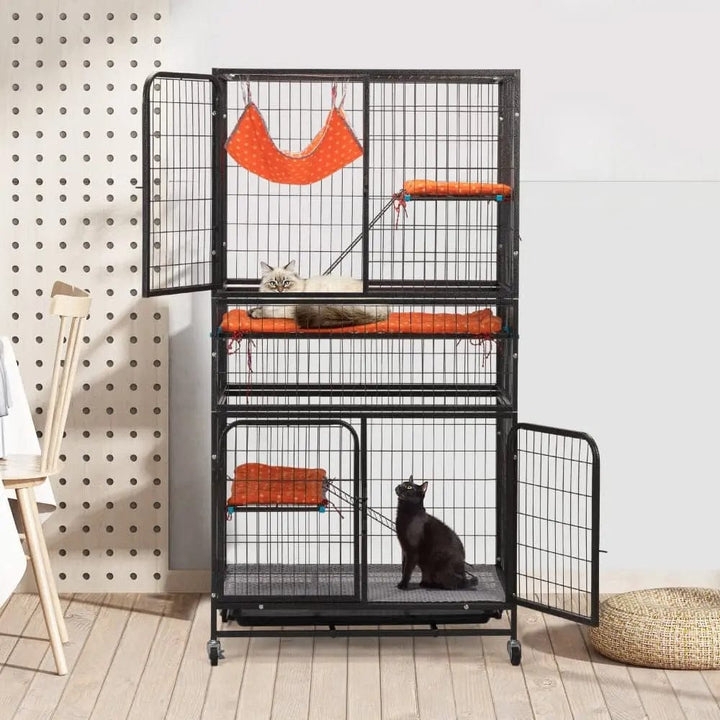 Cat Cage Four-Tier Structure with Vibrant Orange Accents
