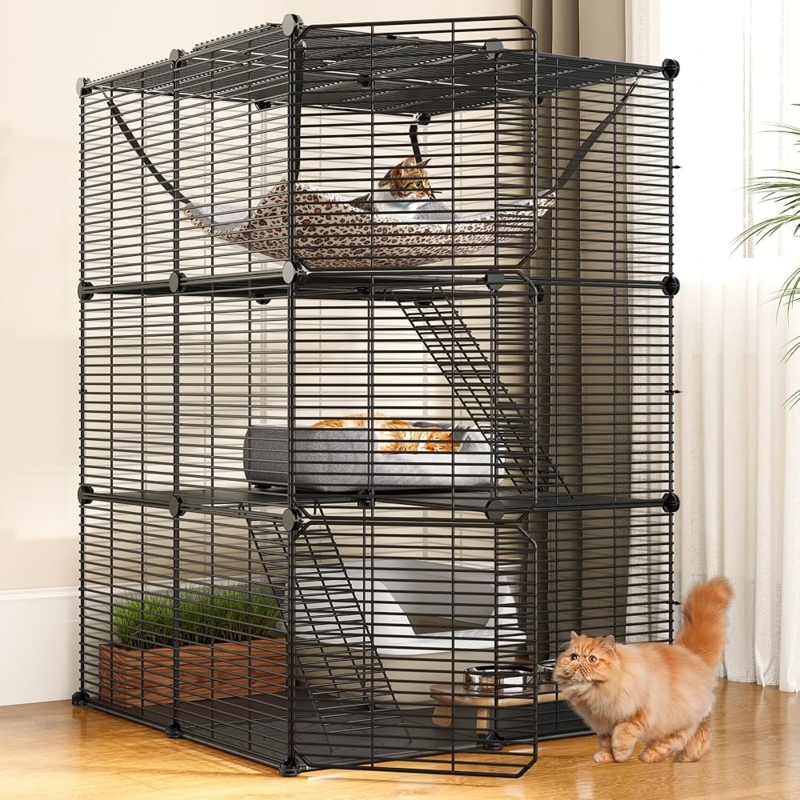 Cat Cage Modular Indoor Cat Enclosure with Leopard Print Hammock