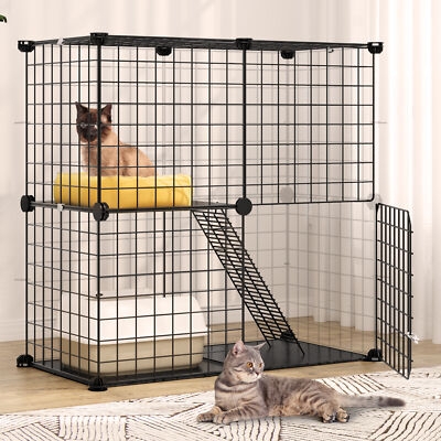 Cat Cage Two Tier Pet Playpen with Modular Wire Grid