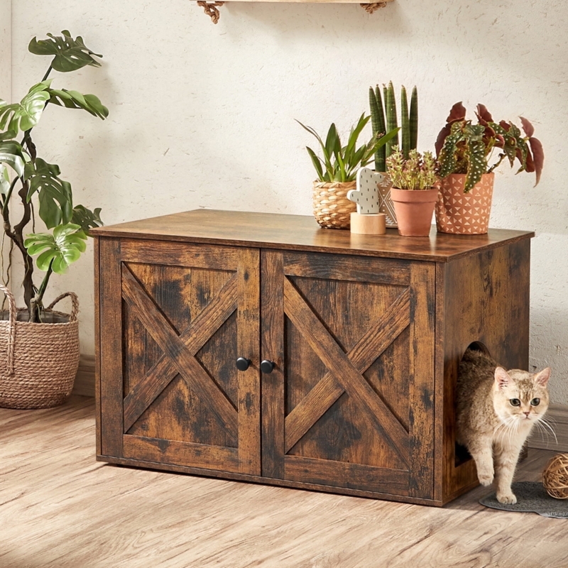 Cat Litter Box Enclosure, Rustic Brown, X-Frame Doors, Farmhouse