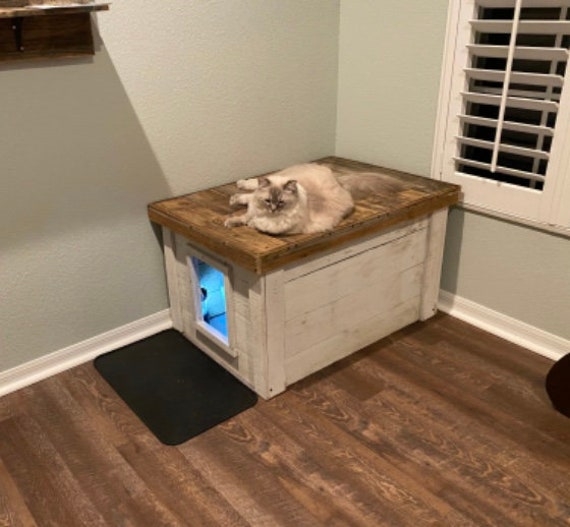 Cat Litter Enclosure Bench, Whitewashed, Interior Accent Lighting