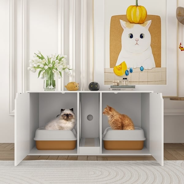 Cat Litter Enclosure, Double Compartment, Center Entry Hallway, White