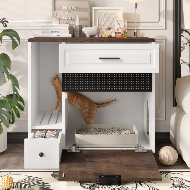 Cat Litter Enclosure, Drop Down Front, Dual Storage Drawers, Walnut Top