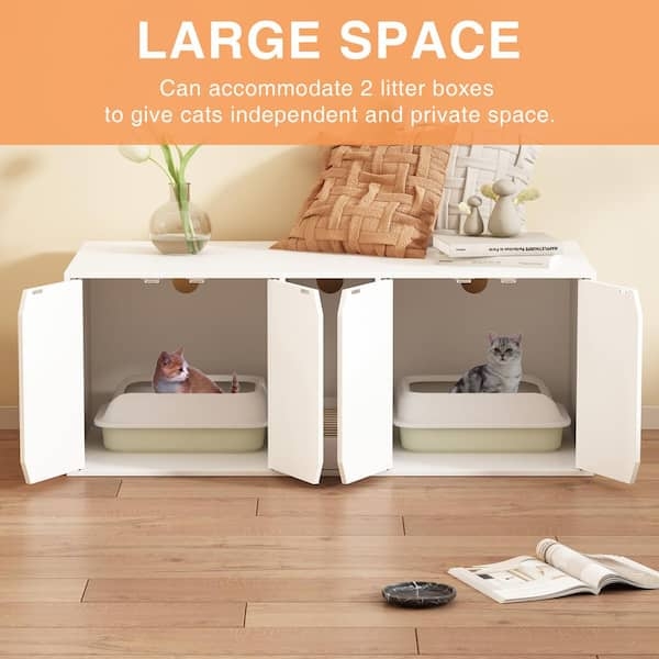 Cat Litter Enclosure, Four Door Design, White, Dual Compartment
