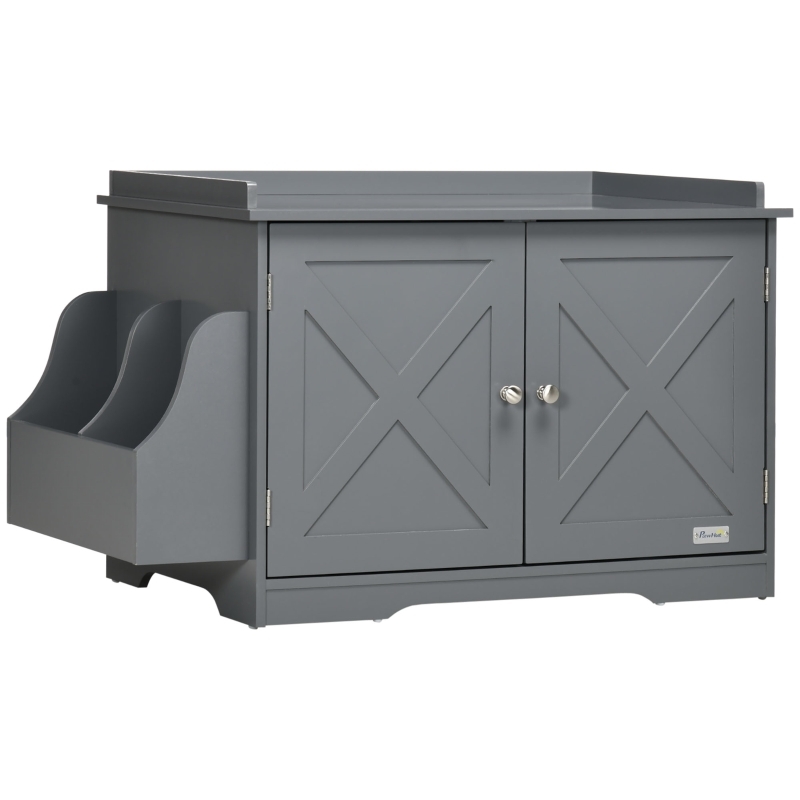 Cat Litter Enclosure, Grey X-Frame Doors, Side Storage Bins, Gallery Top