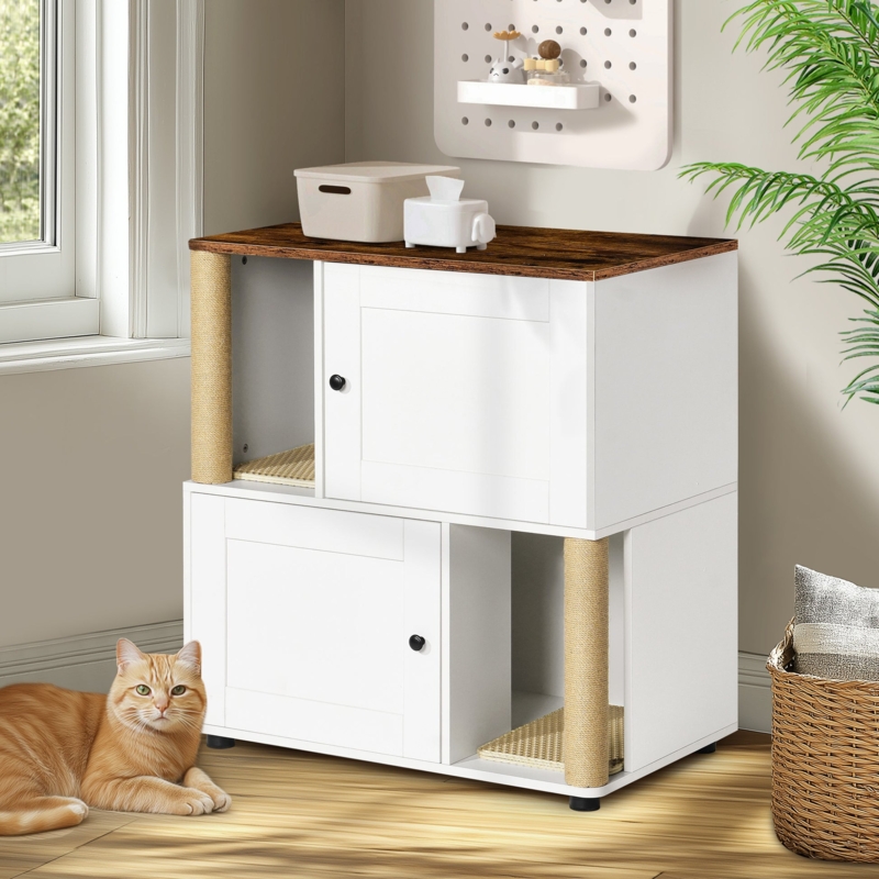 Cat Litter Enclosure, Stacked Dual Tier, Integrated Scratching Posts