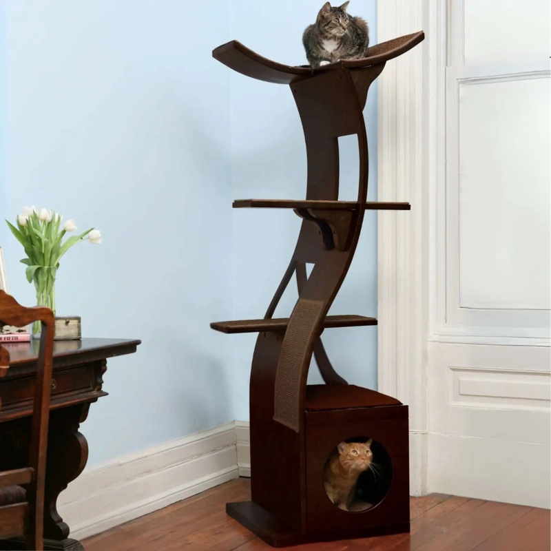 Cat Tower with Curved Silhouette, Crescent Top, and Espresso Finish