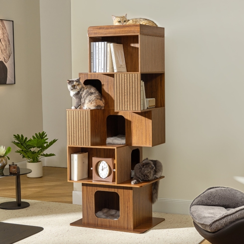 Cat Tree Bookshelf Combo with Textured Vertical Slats and Storage