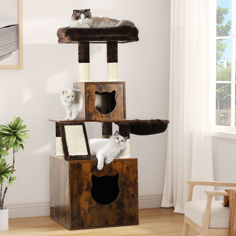 Cat Tree Enclosure with Litter Box Cabinet and Cat Head Cutouts