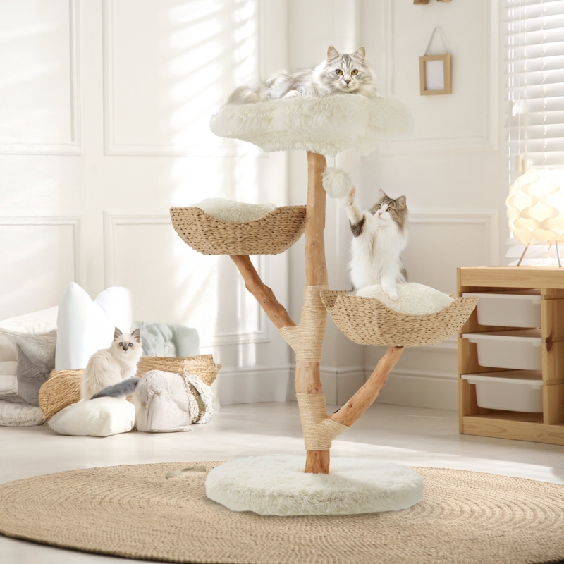 Cat Tree Natural Wood Branches with Woven Baskets and Flower Perch