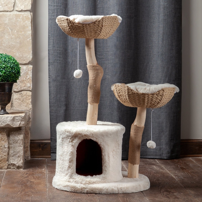 Cat Tree Organic Wood with Woven Basket Perches and Condo Base