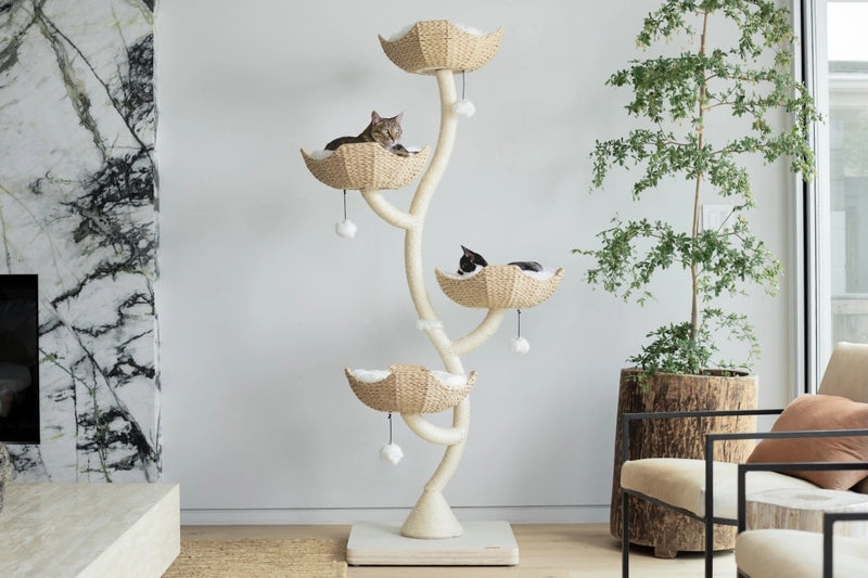 Cat Tree Sculptural Branching Design with Woven Wicker Baskets