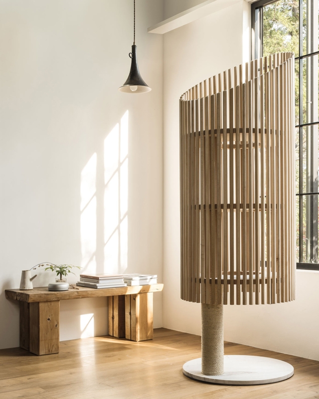 Cat Tree Sculptural Vertical Slat Screen with Stone-Like Base