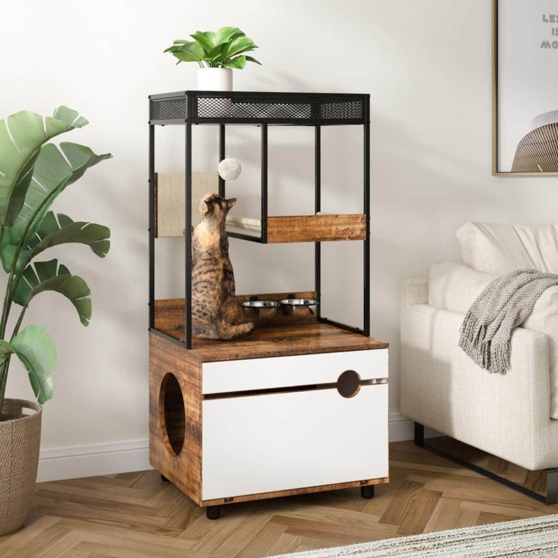 Cat Tree Tower with Hidden Litter Box Enclosure and Feeding Station