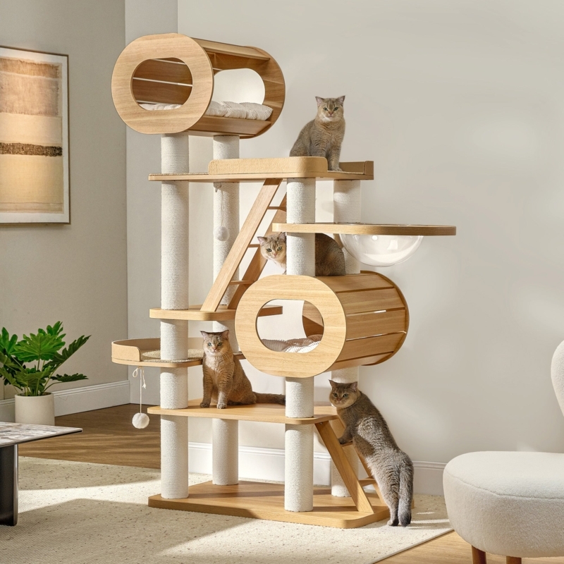 Cat Tree with Barrel Condos and Clear Cat Dome in Light Oak Finish