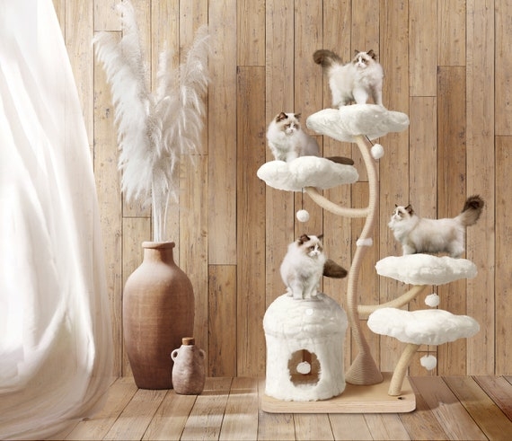 Cat Tree with Whimsical Cloud Platforms and Enclosed Mushroom Condo