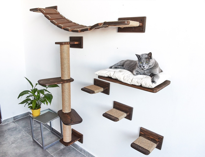 Cat Wall Furniture System with Suspended Slat Bridge and Sisal Post