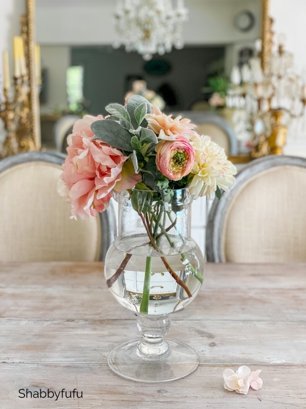Centerpiece in Pedestal Glass Vase Blush Pink Silk Flowers Shabby Chic