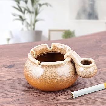 Ceramic Ashtray with Extinguishing Pot Speckled Glaze Bulbous Form