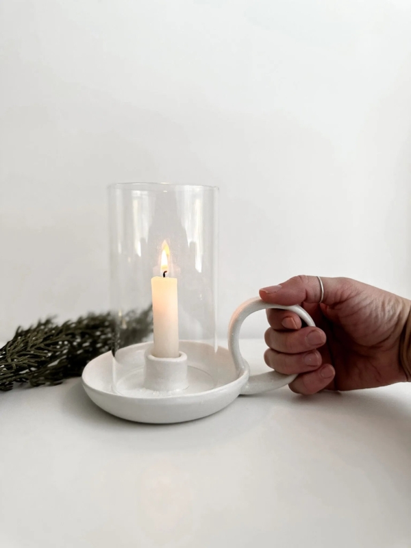 Ceramic Candle Holder featuring Glass Hurricane Sleeve and Handle
