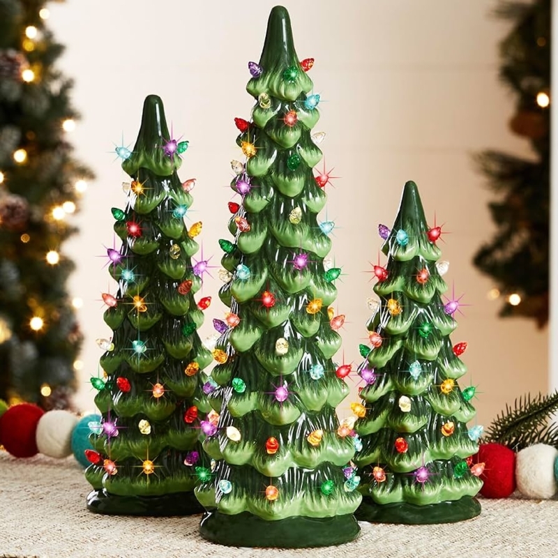 Ceramic Christmas Tree Set: Vintage Style, Graduated Heights, Pre-Lit