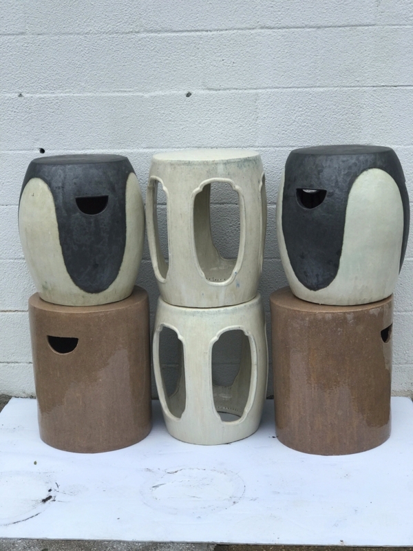 Ceramic Drum Side Tables with Bicolored Graphic Design