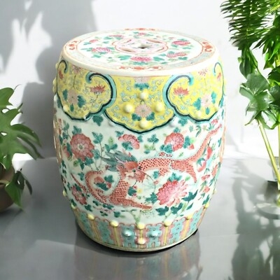 Ceramic Garden Stool featuring Hand-Painted Dragon Illustration
