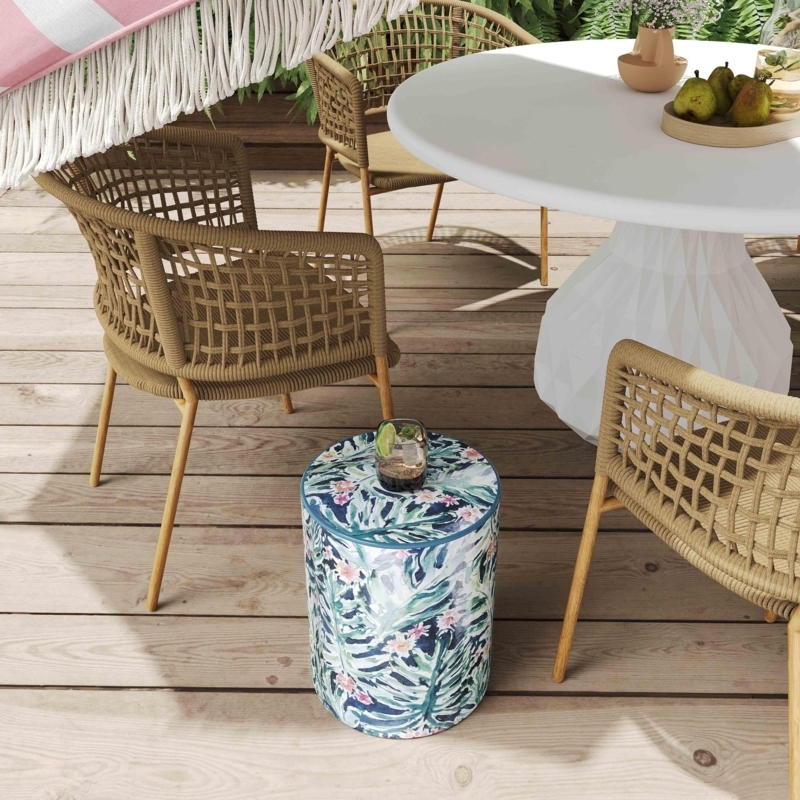 Ceramic Stool Tropical Modern Botanical Pattern Drum Shape
