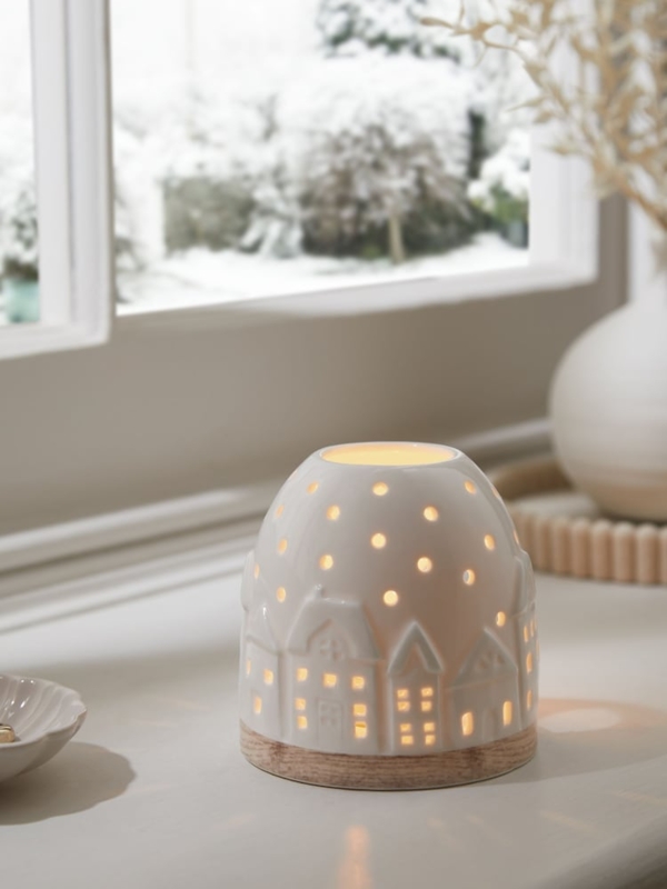 Ceramic Tea Light Holder with Embossed Village Relief and Wood Base