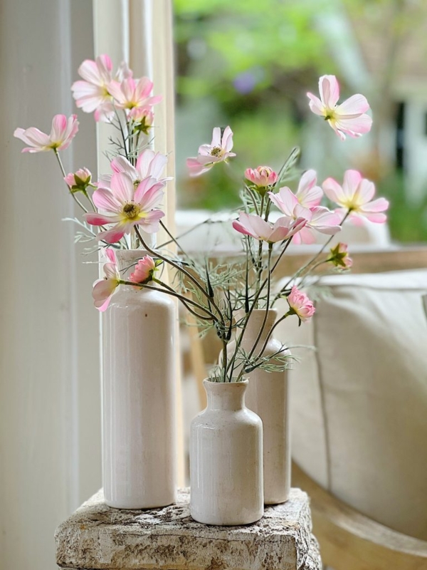 Ceramic Vase Set Varying Heights White Bottles Pink Cosmos Airy Stems Decor