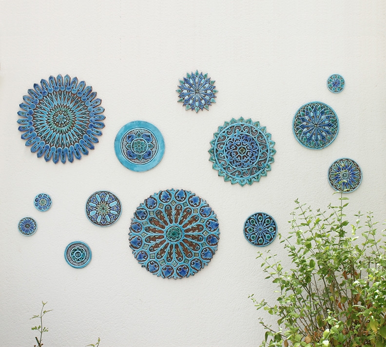 Ceramic Wall Art Set Handmade Relief Mandala Matte Blue Glaze